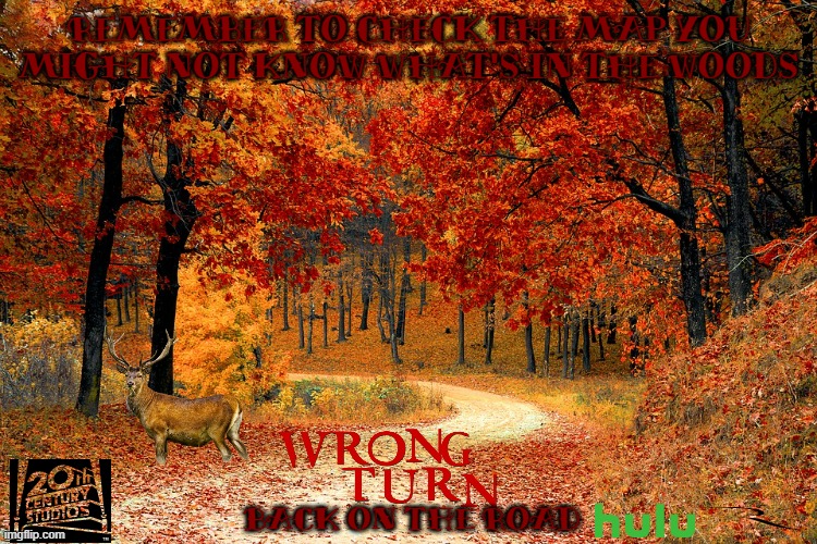i don't think this might happen | REMEMBER TO CHECK THE MAP YOU MIGHT NOT KNOW WHAT'S IN THE WOODS; BACK ON THE ROAD | image tagged in road in autumn,20th century fox,horror movie,sequels,hulu,streaming | made w/ Imgflip meme maker