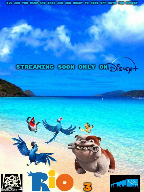 rio 3 concept art | BLU AND THE GANG ARE BACK AND ARE READY TO RIDE OFF INTO THE SUNSET; STREAMING SOON ONLY ON; 3 | image tagged in beach,disney plus,20th century fox,sequel,animated | made w/ Imgflip meme maker