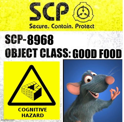 8968 | GOOD FOOD; 8968 | image tagged in scp sign generator | made w/ Imgflip meme maker