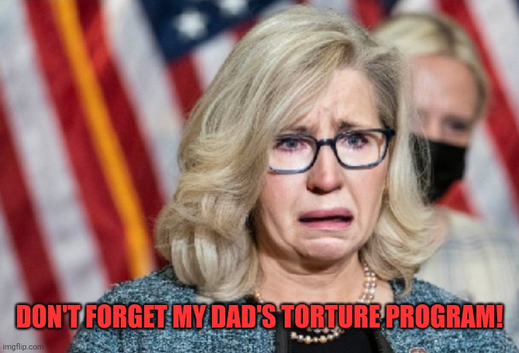 Liz Cheney | DON'T FORGET MY DAD'S TORTURE PROGRAM! | image tagged in liz cheney | made w/ Imgflip meme maker