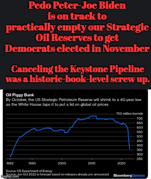 Canceling the Keystone Pipeline was a Historic-Book-Level Screw Up. | Pedo Peter-Joe Biden is on track to practically empty our Strategic Oil Reserves to get Democrats elected in November; Canceling the Keystone Pipeline was a historic-book-level screw up. | image tagged in pedo,peter,sad joe biden,cancelled,oil,pipeline | made w/ Imgflip meme maker