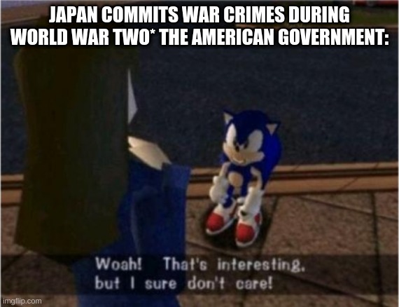 they were never charged by the US government for war crimes | JAPAN COMMITS WAR CRIMES DURING WORLD WAR TWO* THE AMERICAN GOVERNMENT: | image tagged in sonic i dont care | made w/ Imgflip meme maker
