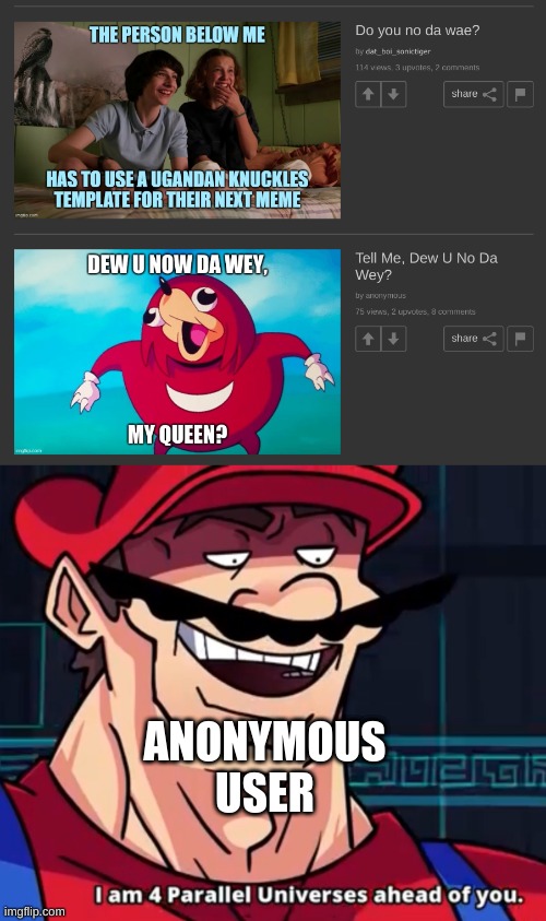 ANONYMOUS USER | image tagged in i am 4 parallel universes ahead of you,ugandan knuckles,knock knock,knuckles,mario,sonic the hedgehog | made w/ Imgflip meme maker