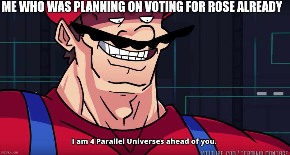 Mario I am four parallel universes ahead of you | ME WHO WAS PLANNING ON VOTING FOR ROSE ALREADY | image tagged in mario i am four parallel universes ahead of you | made w/ Imgflip meme maker