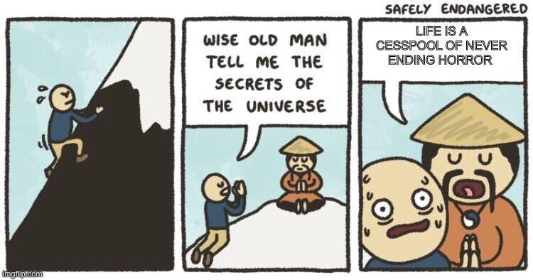 Wise Old Man Secrets Of The Universe | LIFE IS A CESSPOOL OF NEVER ENDING HORROR | image tagged in wise old man secrets of the universe | made w/ Imgflip meme maker