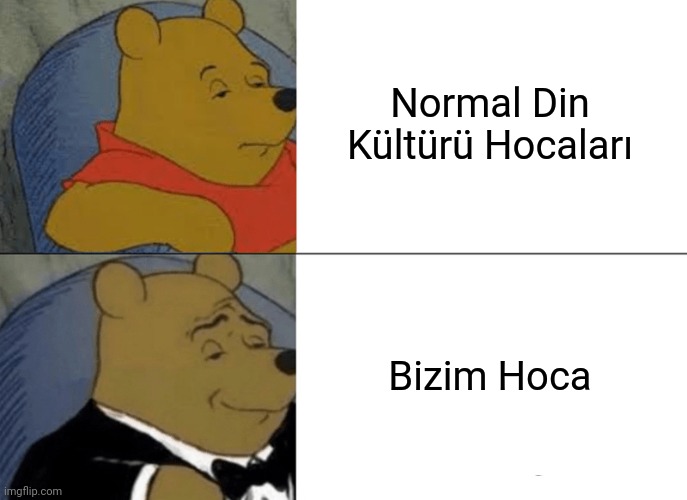 Tuxedo Winnie The Pooh Meme | Normal Din Kültürü Hocaları; Bizim Hoca | image tagged in memes,tuxedo winnie the pooh | made w/ Imgflip meme maker