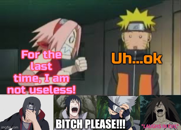 You may be useful in Boruto, but not in Naruto Shippuden or the Original Naruto | For the last time, I am not useless! Uh…ok; BITCH PLEASE!!! | image tagged in naruto meme,naruto shippuden,sakura,memes,naruto,naruto shippuden the movie | made w/ Imgflip meme maker