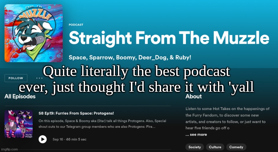 https://open.spotify.com/show/32PNURDNYvTDn6OzUp793u | Quite literally the best podcast ever, just thought I'd share it with 'yall | image tagged in podcast,furry | made w/ Imgflip meme maker