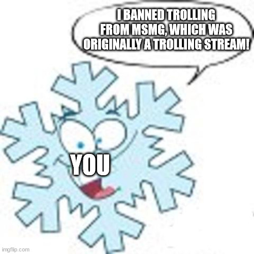 Snowflake | I BANNED TROLLING FROM MSMG, WHICH WAS ORIGINALLY A TROLLING STREAM! YOU | image tagged in snowflake | made w/ Imgflip meme maker