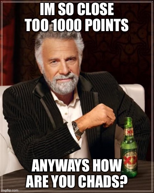 E | IM SO CLOSE TOO 1000 POINTS; ANYWAYS HOW ARE YOU CHADS? | image tagged in memes,the most interesting man in the world | made w/ Imgflip meme maker