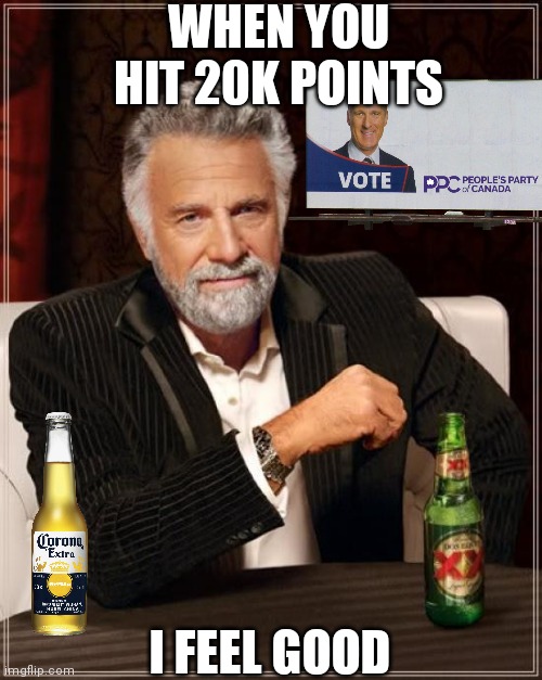 Thank you all so much | WHEN YOU HIT 20K POINTS; I FEEL GOOD | image tagged in memes,the most interesting man in the world | made w/ Imgflip meme maker