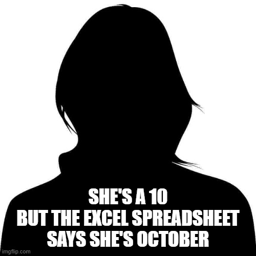 SHE'S A 10
BUT THE EXCEL SPREADSHEET
SAYS SHE'S OCTOBER | image tagged in windows | made w/ Imgflip meme maker