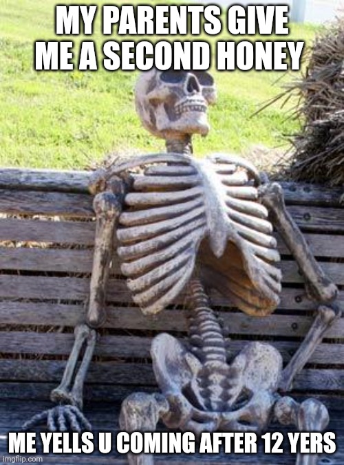 Waiting Skeleton Meme | MY PARENTS GIVE ME A SECOND HONEY; ME YELLS U COMING AFTER 12 YERS | image tagged in memes,waiting skeleton | made w/ Imgflip meme maker