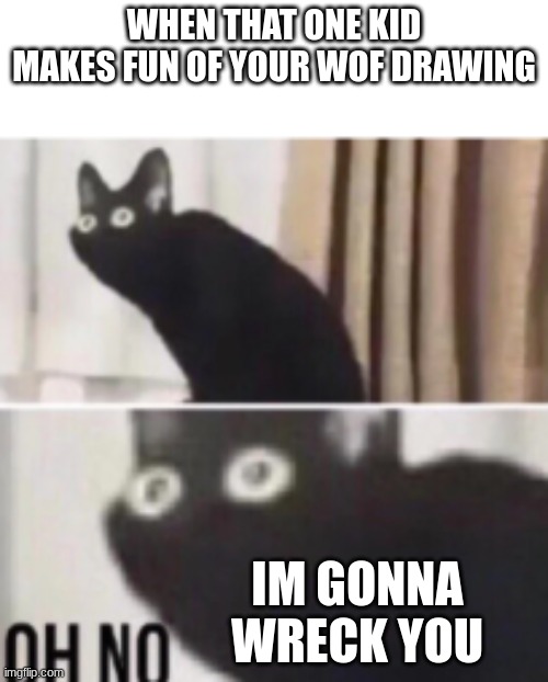 Oh no cat | WHEN THAT ONE KID MAKES FUN OF YOUR WOF DRAWING; IM GONNA WRECK YOU | image tagged in oh no cat | made w/ Imgflip meme maker