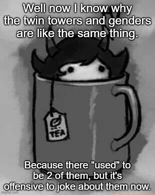 There's still 2 though ofc | Well now I know why the twin towers and genders are like the same thing. Because there "used" to be 2 of them, but it's offensive to joke about them now. | image tagged in kanaya in my tea | made w/ Imgflip meme maker