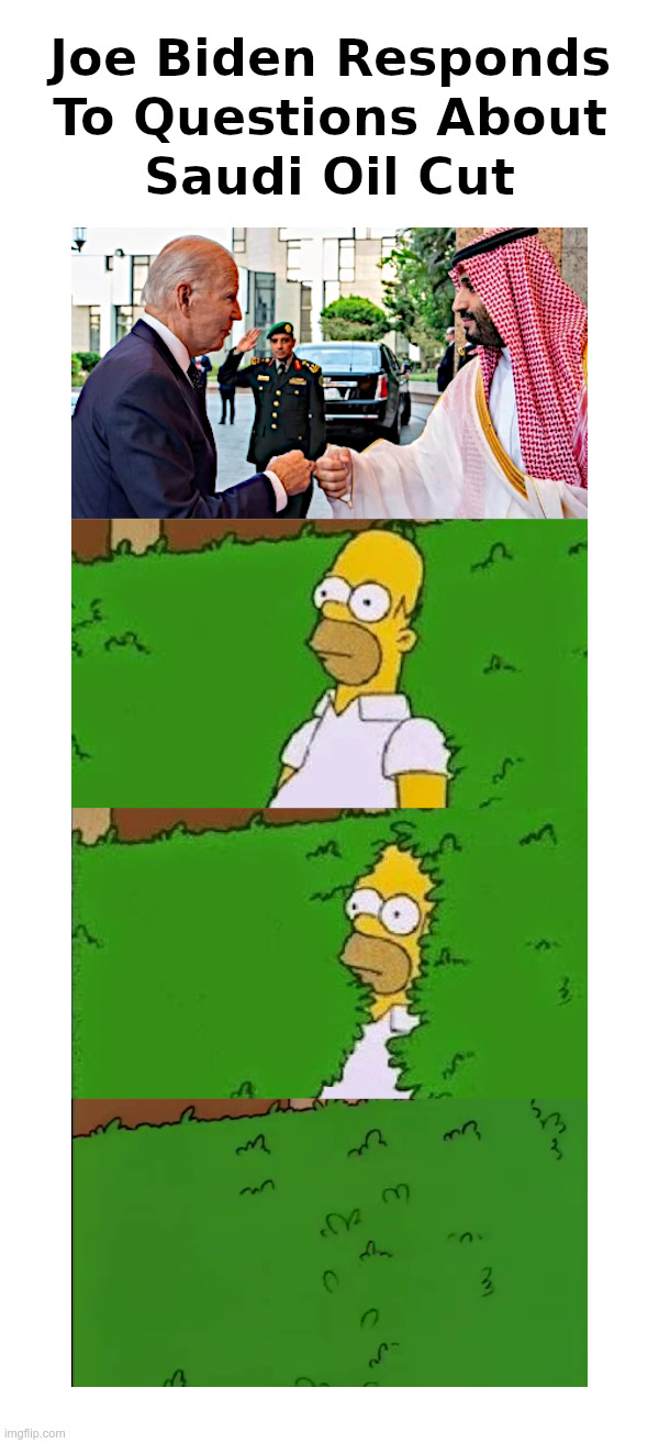 Joe Biden Responds To Questions About Saudi Oil Cut | image tagged in joe biden,saudi arabia,oil,cut,homer simpson | made w/ Imgflip meme maker