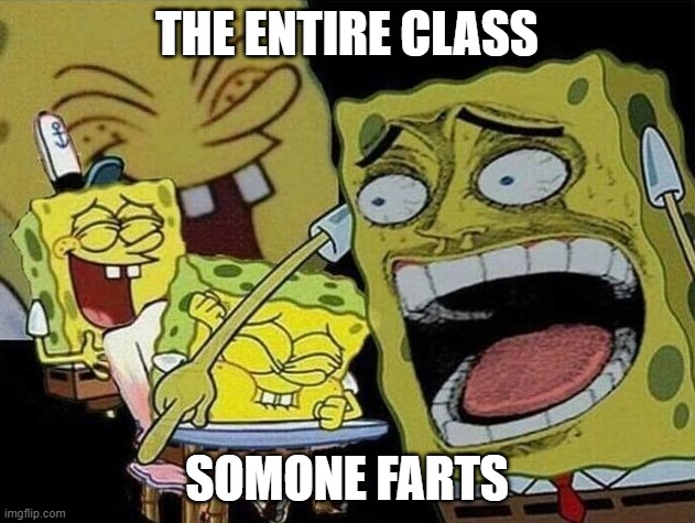 Spongebob laughing Hysterically | THE ENTIRE CLASS; SOMONE FARTS | image tagged in spongebob laughing hysterically | made w/ Imgflip meme maker