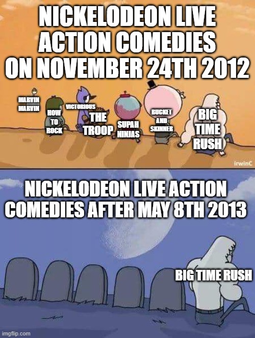 The obscure nick live action comedy purge of 2012/2013 | NICKELODEON LIVE ACTION COMEDIES ON NOVEMBER 24TH 2012; VICTORIOUS; MARVIN MARVIN; BUCKET AND SKINNER; HOW TO ROCK; THE TROOP; BIG TIME RUSH; SUPAH NINJAS; NICKELODEON LIVE ACTION COMEDIES AFTER MAY 8TH 2013; BIG TIME RUSH | image tagged in regular show graves,nickelodeon,tv shows,the purge | made w/ Imgflip meme maker