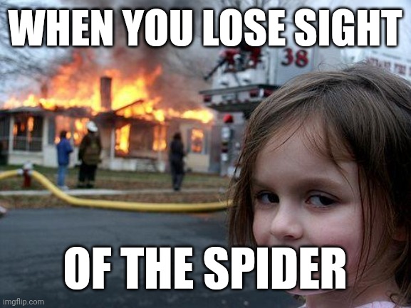 Disaster Girl | WHEN YOU LOSE SIGHT; OF THE SPIDER | image tagged in memes,disaster girl | made w/ Imgflip meme maker