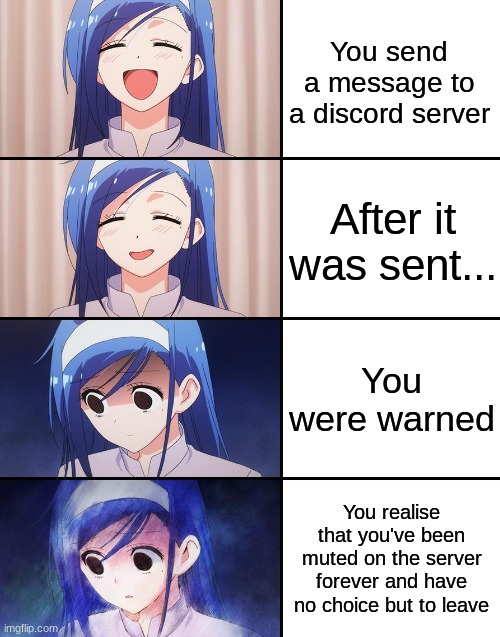 Hopefully this doesn't happen to y'all (based on true story) | You send a message to a discord server; After it was sent... You were warned; You realise that you've been muted on the server forever and have no choice but to leave | image tagged in happiness to despair | made w/ Imgflip meme maker