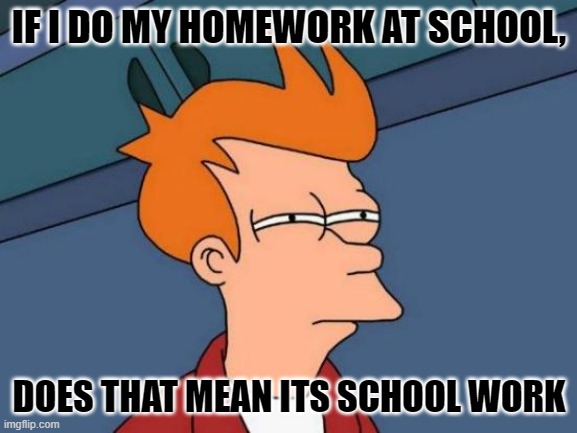 -^- srry im lazy | IF I DO MY HOMEWORK AT SCHOOL, DOES THAT MEAN ITS SCHOOL WORK | image tagged in memes,futurama fry | made w/ Imgflip meme maker