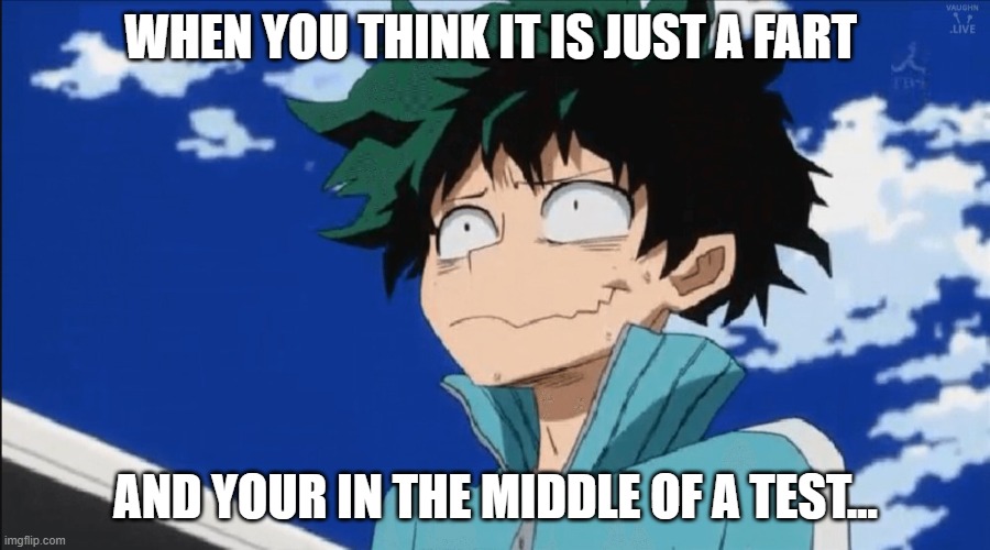 Umm miss can I go to the restroom? | WHEN YOU THINK IT IS JUST A FART; AND YOUR IN THE MIDDLE OF A TEST... | image tagged in panicking deku | made w/ Imgflip meme maker