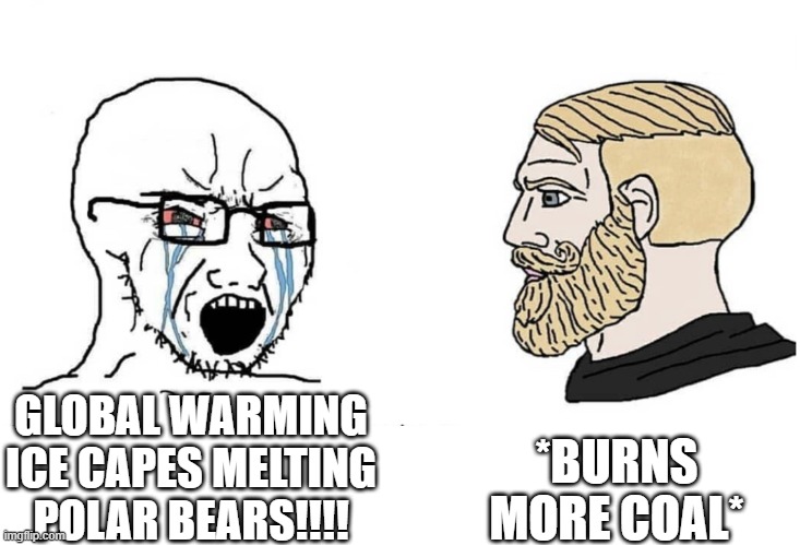 Soyboy Vs Yes Chad | *BURNS MORE COAL*; GLOBAL WARMING ICE CAPES MELTING POLAR BEARS!!!! | image tagged in soyboy vs yes chad | made w/ Imgflip meme maker