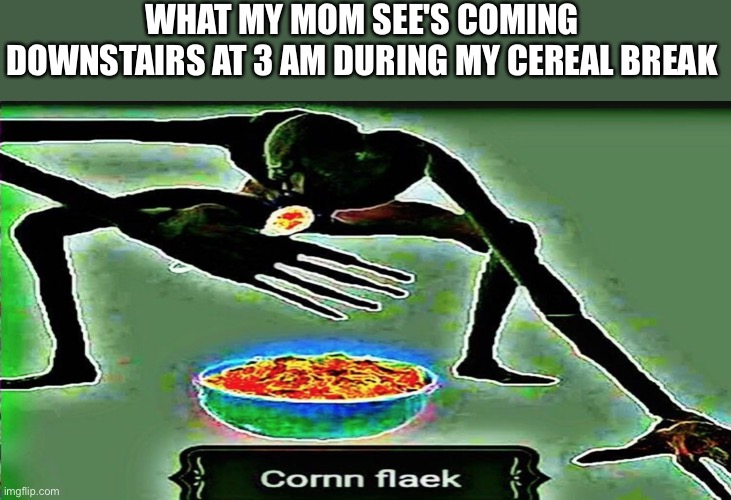 i only like cereal when it a time it's not supposed to be eaten | WHAT MY MOM SEE'S COMING DOWNSTAIRS AT 3 AM DURING MY CEREAL BREAK | image tagged in corn flaek | made w/ Imgflip meme maker