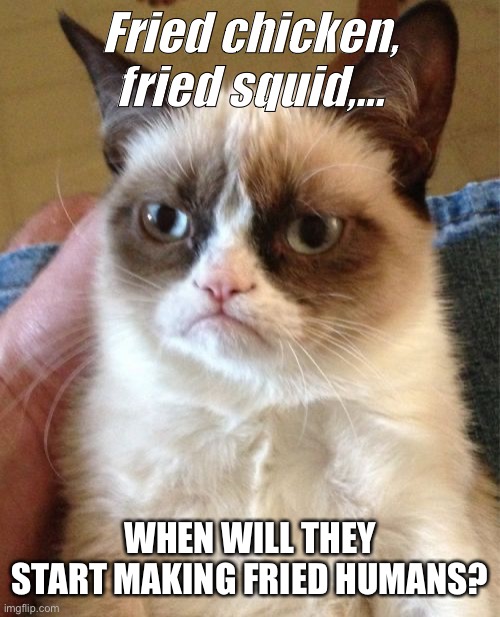 *run* | Fried chicken, fried squid,... WHEN WILL THEY START MAKING FRIED HUMANS? | image tagged in memes,grumpy cat,oh no | made w/ Imgflip meme maker