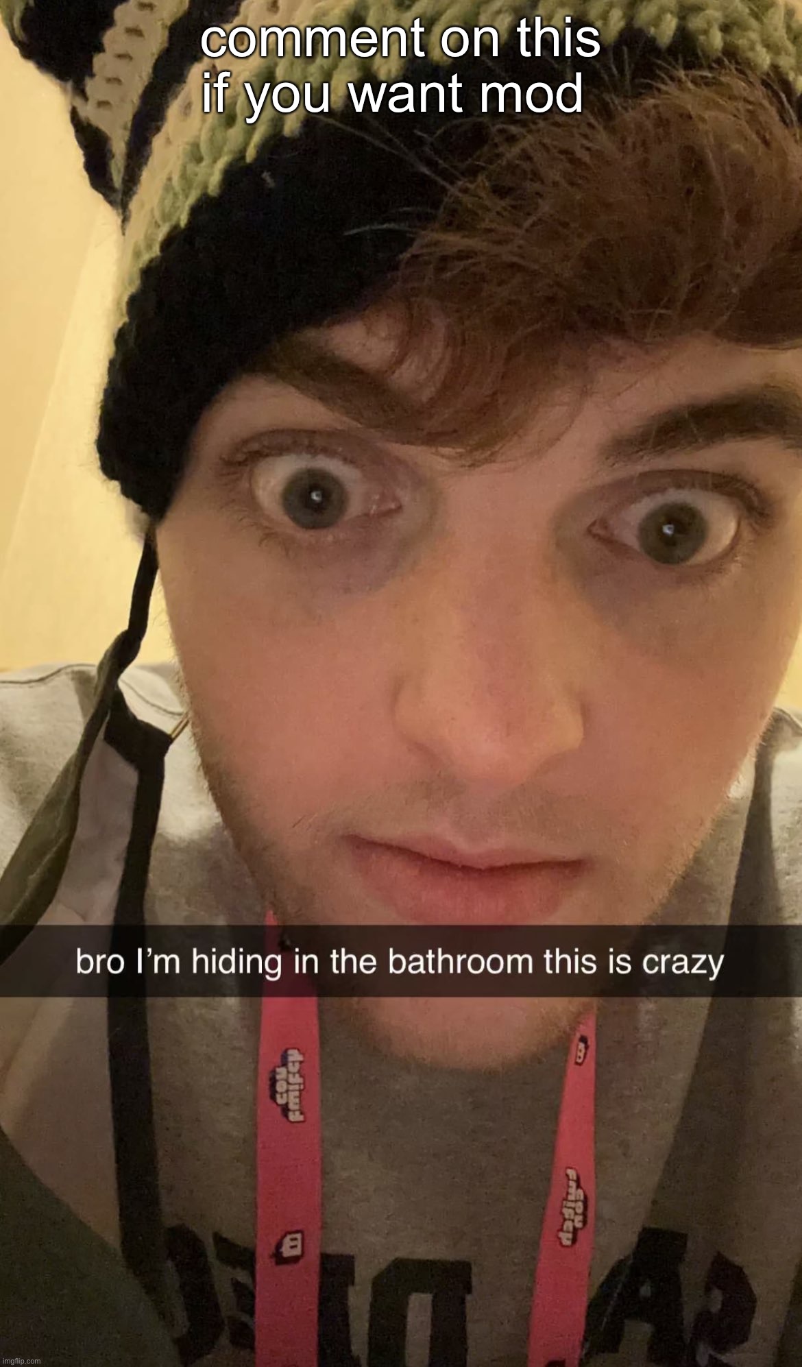 i’m hiding in the bathroom bro | comment on this if you want mod | image tagged in i m hiding in the bathroom bro | made w/ Imgflip meme maker