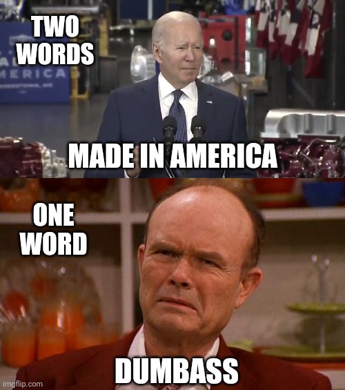 What a dumbass. | TWO WORDS; MADE IN AMERICA; ONE WORD; DUMBASS | image tagged in memes | made w/ Imgflip meme maker