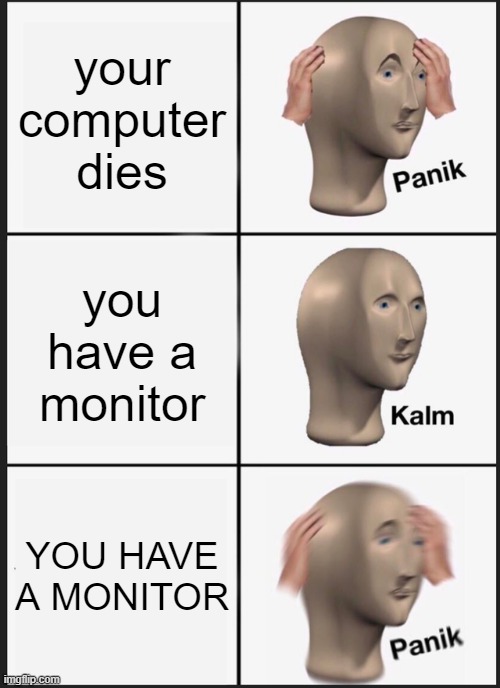 idk random title | your computer dies; you have a monitor; YOU HAVE A MONITOR | image tagged in memes,panik kalm panik | made w/ Imgflip meme maker