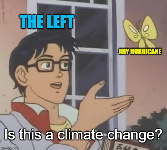 Is This A Pigeon | THE LEFT; ANY HURRICANE; Is this a climate change? | image tagged in memes,is this a pigeon,leftists,climate change,hurricane,storm | made w/ Imgflip meme maker