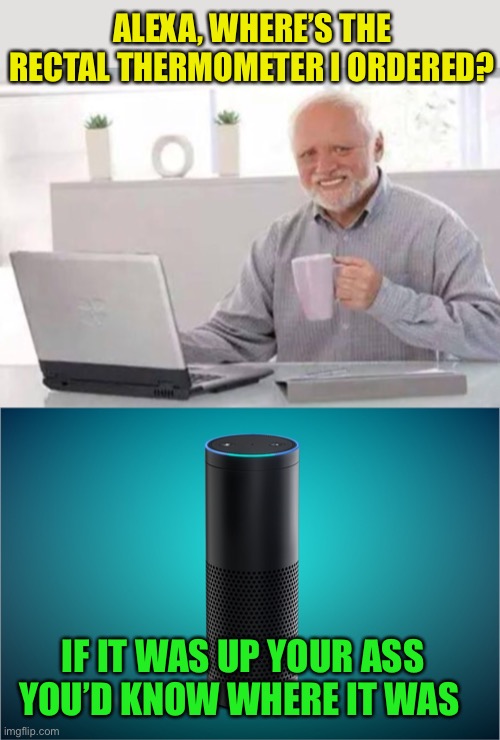 ALEXA, WHERE’S THE RECTAL THERMOMETER I ORDERED? IF IT WAS UP YOUR ASS YOU’D KNOW WHERE IT WAS | image tagged in harold,amazon echo | made w/ Imgflip meme maker