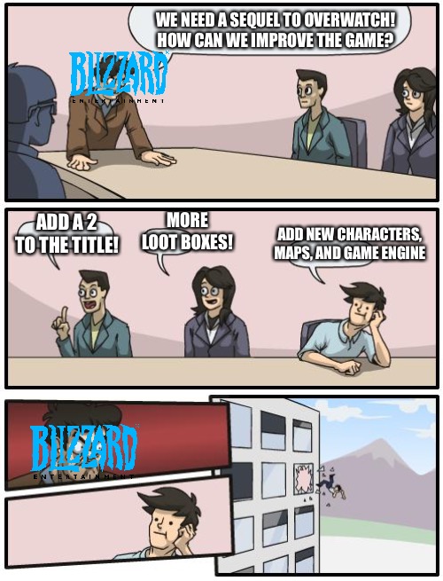 Six crashes later… | WE NEED A SEQUEL TO OVERWATCH! HOW CAN WE IMPROVE THE GAME? ADD A 2 TO THE TITLE! MORE LOOT BOXES! ADD NEW CHARACTERS, MAPS, AND GAME ENGINE | image tagged in boardroom suggestion,overwatch,overwatch memes | made w/ Imgflip meme maker