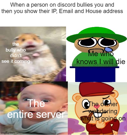 When a person on discord bullies you and then you show their IP, Email and House address; Me who knows I will die; the bully who didn't see it coming; The entire server; The owner wondering what is going on | image tagged in blank white template | made w/ Imgflip meme maker