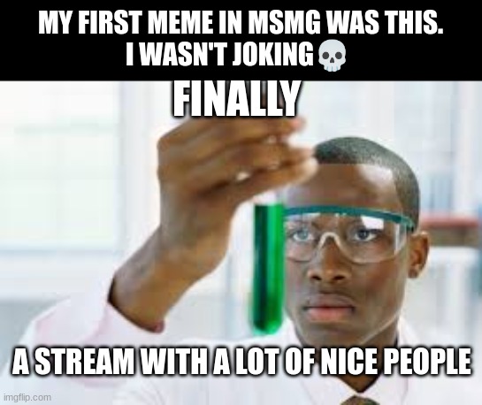 FINALLY | MY FIRST MEME IN MSMG WAS THIS.
I WASN'T JOKING💀; FINALLY; A STREAM WITH A LOT OF NICE PEOPLE | image tagged in finally | made w/ Imgflip meme maker