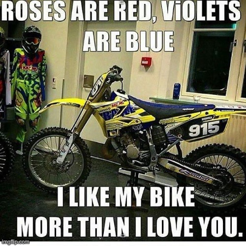 true | ROSES ARE RED, VIOLETS ARE BLUE; I LIKE MY BIKE MORE THAN I LOVE YOU | image tagged in true | made w/ Imgflip meme maker