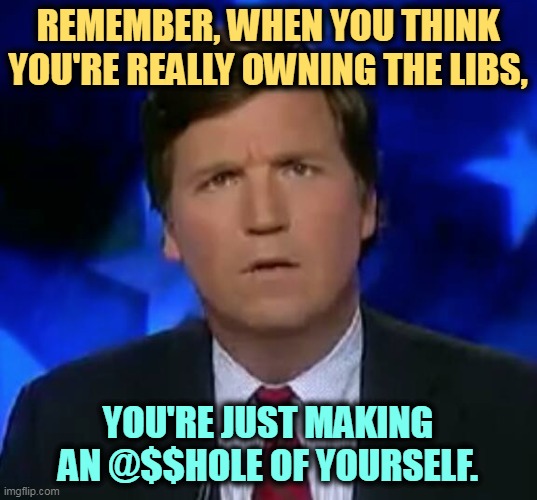 And don't we have enough of those floating around these days? | REMEMBER, WHEN YOU THINK YOU'RE REALLY OWNING THE LIBS, YOU'RE JUST MAKING AN @$$HOLE OF YOURSELF. | image tagged in confused tucker carlson,owning the libs,idiots | made w/ Imgflip meme maker
