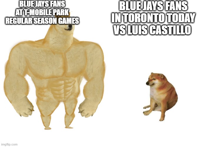 Big dog small dog | BLUE JAYS FANS AT T-MOBILE PARK REGULAR SEASON GAMES; BLUE JAYS FANS IN TORONTO TODAY VS LUIS CASTILLO | image tagged in big dog small dog | made w/ Imgflip meme maker