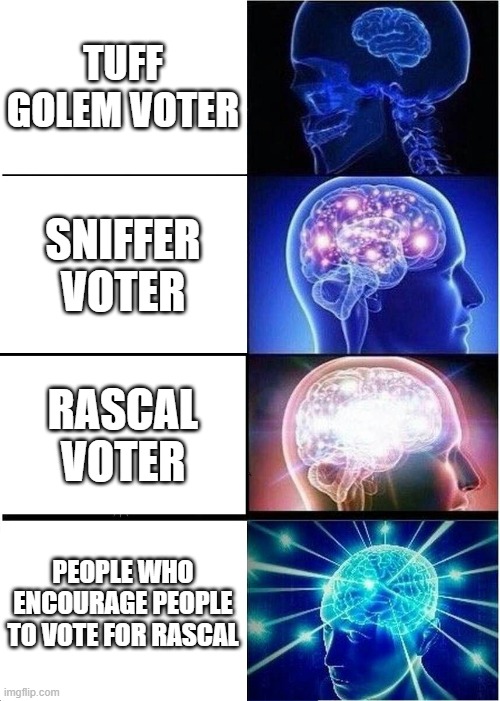 Expanding Brain | TUFF GOLEM VOTER; SNIFFER VOTER; RASCAL VOTER; PEOPLE WHO ENCOURAGE PEOPLE TO VOTE FOR RASCAL | image tagged in memes,expanding brain | made w/ Imgflip meme maker