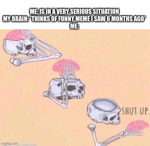 skeleton shut up meme | ME: IS IN A VERY SERIOUS SITUATION
MY BRAIN: *THINKS OF FUNNY MEME I SAW 6 MONTHS AGO*
ME: | image tagged in skeleton shut up meme,relatable | made w/ Imgflip meme maker