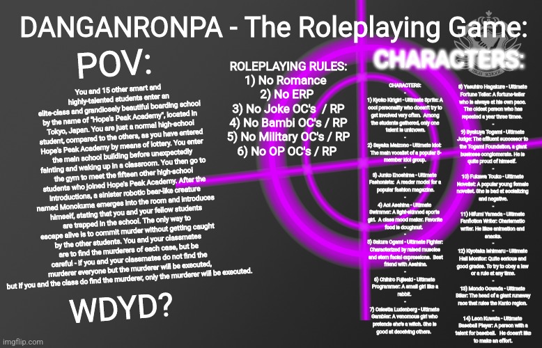 I'm pretty sure that Shadow would absolutely love this DANGANRONPA roleplaying prompt that I came up with in meme-format... | DANGANRONPA - The Roleplaying Game:; You and 15 other smart and
highly-talented students enter an
elite-class and grandiosely beautiful boarding school by the name of "Hope's Peak Academy", located in Tokyo, Japan. You are just a normal high-school student, compared to the others, as you have entered Hope's Peak Academy by means of lottery. You enter the main school building before unexpectedly fainting and waking up in a classroom. You then go to the gym to meet the fifteen other high-school students who joined Hope's Peak Academy. After the introductions, a sinister robotic bear-like creature named Monokuma emerges into the room and introduces himself, stating that you and your fellow students are trapped in the school. The only way to escape alive is to commit murder without getting caught by the other students. You and your classmates are to find the murderers of each case, but be careful - if you and your classmates do not find the murderer everyone but the murderer will be executed, but if you and the class do find the murderer, only the murderer will be executed. POV:; CHARACTERS:; ROLEPLAYING RULES:
1) No Romance  
2) No ERP 
3) No Joke OC's  / RP
4) No Bambi OC's / RP
5) No Military OC's / RP
6) No OP OC's / RP; 8) Yasuhiro Hagakure - Ultimate 
Fortune Teller: A fortune-teller 
who is always at his own pace. 
The oldest person who has
repeated a year three times.  
-
9) Byakuya Togami - Ultimate 
Judge: The affluent successor to 
the Togami Foundation, a giant
business conglomerate. He is 
quite proud of himself.  
-
10) Fukawa Touko - Ultimate 
Novelist: A popular young female 
novelist. She is bad at socializing 
and negative.
-
11) Hifumi Yamada - Ultimate 
Fanfiction Writer: Charismatic 
writer. He likes animation and 
snacks.
-
12) Kiyotaka Ishimaru - Ultimate 
Hall Monitor: Quite serious and 
good grades. To try to obey a law 
or a rule at any time.
-
13) Mondo Oowada - Ultimate 
Biker: The head of a giant runaway
race that rules the Kanto region. 
-
14) Leon Kuwata - Ultimate 
Baseball Player: A person with a
talent for baseball.   He doesn't like
to make an effort. CHARACTERS:
-
1) Kyoko Kirigiri - Ultimate Sprite: A
 cool personality who doesn't try to 
 get involved very often.  Among 
 the students gathered, only one 
 talent is unknown.
-
2) Sayaka Maizono - Ultimate Idol: 
 The main vocalist of a popular 5-
 member idol group. 
-
3) Junko Enoshima - Ultimate 
 Fashonista:  A reader model for a 
 popular fashion magazine.
-
4) Aoi Asahina - Ultimate 
Swimmer: A light-skinned sports 
girl.  A class mood maker. Favorite
food is doughnut.  
-
5) Sakura Ogami - Ultimate Fighter:
 Characterized by raised muscles 
 and stern facial expressions.  Best
 friend with Asahina.
-
6) Chihiro Fujisaki - Ultimate 
Programmer: A small girl like a
rabbit. 
-
7) Celestia Ludenberg - Ultimate 
Gambler: A venomous girl who 
pretends she's a witch. She is 
good at deceiving others. WDYD? | image tagged in danganronpa,simothefinlandized,roleplaying,game | made w/ Imgflip meme maker