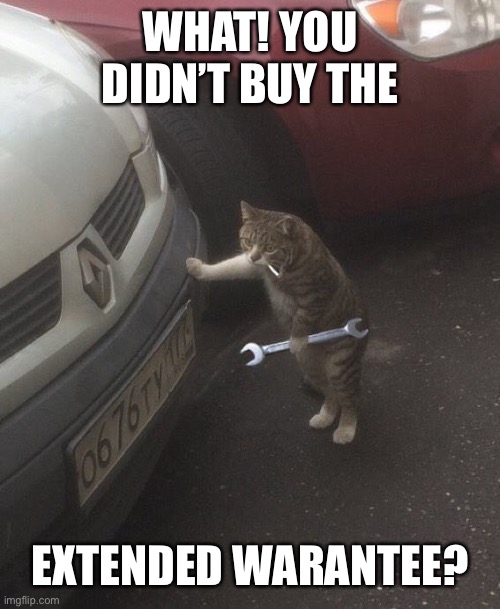 Mechanic cat | WHAT! YOU DIDN’T BUY THE EXTENDED WARANTEE? | image tagged in mechanic cat | made w/ Imgflip meme maker