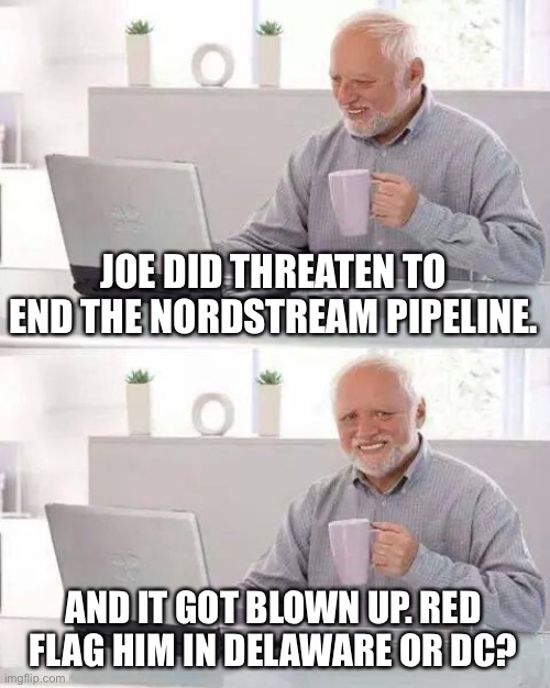 Hide the Pain Harold Meme | JOE DID THREATEN TO END THE NORDSTREAM PIPELINE. AND IT GOT BLOWN UP. RED FLAG HIM IN DELAWARE OR DC? | image tagged in memes,hide the pain harold | made w/ Imgflip meme maker