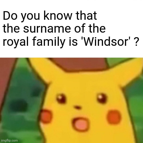 Go on... Google it! | Do you know that the surname of the royal family is 'Windsor' ? | image tagged in memes,surprised pikachu | made w/ Imgflip meme maker