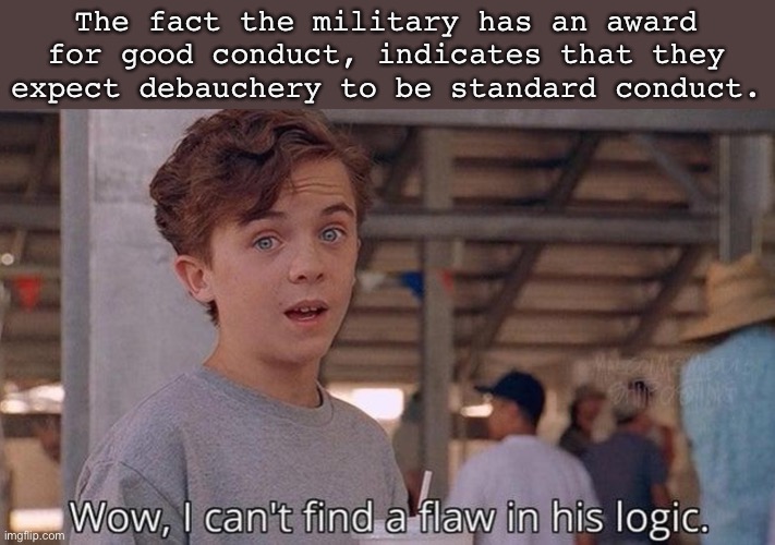 Good conduct | The fact the military has an award for good conduct, indicates that they expect debauchery to be standard conduct. | image tagged in wow i can't find a flaw in his logic,good conduct,merit,debauchery | made w/ Imgflip meme maker