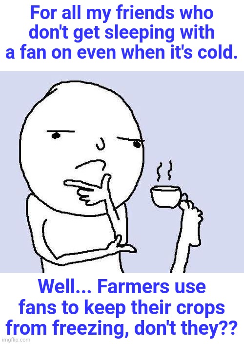 No wait, he's got a point |  For all my friends who don't get sleeping with a fan on even when it's cold. Well... Farmers use fans to keep their crops from freezing, don't they?? | image tagged in thinking meme,cold,farming,freezing,fans | made w/ Imgflip meme maker