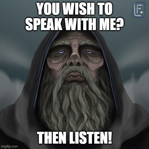 I speak you listen! | YOU WISH TO SPEAK WITH ME? THEN LISTEN! | image tagged in greybeard,listen,skyrim,the elder scrolls,elder scrolls,wizard | made w/ Imgflip meme maker