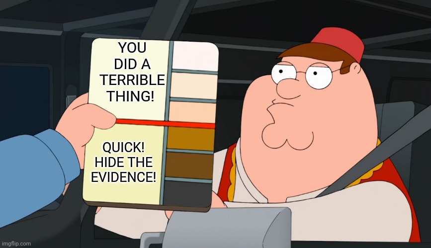 family guy race card | YOU DID A TERRIBLE THING! QUICK! HIDE THE EVIDENCE! | image tagged in family guy race card | made w/ Imgflip meme maker